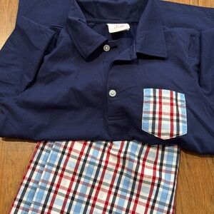 Stitchy fish Navy Polo Shirt with Plaid Pocket